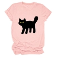 Close-up of pink cotton T-shirt featuring a cute black cat print and cuffed sleeves - S / Pink