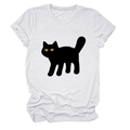 Detailed view of soft cotton fabric and vibrant black cat print on white t-shirt - S / White