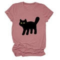 Close-up of pink crew neck t-shirt with black cat print and rolled cuff detail - S / Rose Gold