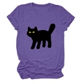 Detailed view of casual purple t-shirt featuring a cute black cat print with yellow eyes - S / Purple