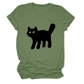Detailed view of green cotton T-shirt featuring a cartoon black cat with yellow eyes - S / Olive Green