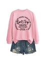 Detail of pink crewneck sweatshirt with Girl's Trip print and denim shorts outfit - Pink (Black Font)