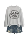 Close-up of Girl's Trip lettering print on grey sweatshirt with denim shorts set - Grey (Black Font)