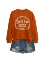 Close-up of rust red sweatshirt with 'Girl's Trip' print and distressed denim shorts - Burnt Orange (White Font)