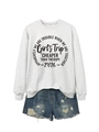 Flat lay of gray sweatshirt with Girl's Trip lettering and distressed denim shorts detail - Off-White (Black Font)