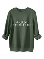 Nahaufnahme von dunkelgrünem Sweatshirt mit Auntie-Text, Gänseblümchen-Print und dickem Fleecefutter - S / Armeegrün
