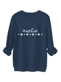 Détail du sweat-shirt bleu marine avec texte auntie blanc et imprimé marguerites - Bleu Marine
