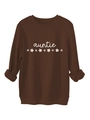 Détails à plat du sweat-shirt marron auntie avec imprimé marguerites et bords-côtes - Café