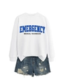 Detail of white long sleeve sweatshirt featuring blue Emergency Medical Technician print - White Sweatshirt (Black Text)