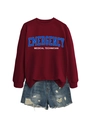 Detail of burgundy long sleeve sweatshirt with blue emergency medical technician print - Wine Red Sweatshirt (White Text)