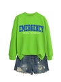 Detail of neon green emergency medical technician sweatshirt with bold blue letter print - Neon Green Sweatshirt (White Graphic)