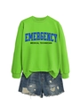 Flat lay of bright green Emergency Medical Technician sweatshirt and ripped denim shorts - Neon Green Sweatshirt (Black Graphic)