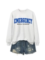 Flat lay of gray sweatshirt with Emergency Medical Technician print and denim shorts - Off-white Sweatshirt (Black Graphic)