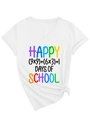 Detail of V-neck white cotton T-shirt featuring Happy Days of School colorful print - S / White