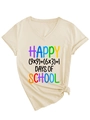 Detail of beige V-neck cotton T-shirt featuring Happy 100 Days of School math print - S / Sand