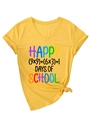 Detail view of yellow V-neck T-shirt with knot hem and Happy Days of School print - S / Yellow