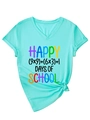 Detail of teal V-neck T-shirt with Happy Days of School print and math equation - S / Lake Blue