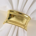 Golden drum-shaped metal napkin ring with beaded edges on a white cloth napkin - Gold Drum-Shaped Beaded Edge Smooth Napkin Ring