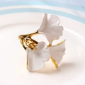 Elegant white enamel ginkgo leaf napkin ring with golden plating on ceramic tray - White Enamel Gold