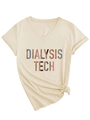 Dettaglio della t-shirt beige con scollo a V e stampa Dialysis Tech leopardata con nodo frontale - S / Sabbia