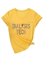Dettaglio t-shirt gialla scollo a V con stampa Dialysis Tech leopardata e nodo in vita - S / Giallo