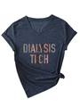 Detail of V-neck grey dialysis tech t-shirt with leopard print text and side knot hem - S / Navy Blue