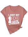 Close-up of rust pink V-neck T-shirt with 100 Days of School baseball graphic print - S / Rose Gold (White Print)
