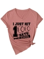 Detail of rose pink V-neck T-shirt with 100 Days of School baseball graphic and tie-knot hem - S / Rose Gold (Black Print)