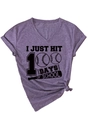 Detail of purple V-neck T-shirt with I JUST HIT 100 DAYS OF SCHOOL baseball graphic - S / Purple (Black Print)