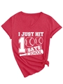 Detail of red V-neck T-shirt with 100 days of school baseball print and hem knot - S / Red (White Print)
