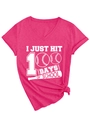 Close-up of rose pink V-neck T-shirt with 100 Days of School print and stylish hem knot - S / Rose Red (White Print)