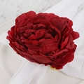Deep red artificial rose napkin ring on a white cotton napkin for wedding table decor - Red (Red Fabric Rose Napkin Ring)