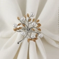 Elegant pearl and golden leaf tree napkin ring on white fabric for wedding table decor - Silver Style