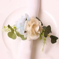 Handmade cream rose and blue flower napkin ring with eucalyptus leaves for table decor - Cream Rose Two-Tone Handmade Style