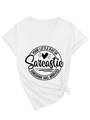 Detail of white V-neck cotton T-shirt with 'Little Ray of Sunshine' text and side knot - S / White (Black Font)