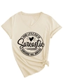Detail of V-neck T-shirt showing sarcastic sunshine print and casual knotted hem - S / Sand (Black Font)