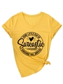 Detail of yellow V-neck T-shirt with black slogan print and rolled sleeve cuffs - S / Yellow (Black Font)