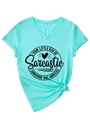 Detail of mint green V-neck T-shirt showing rolled sleeves and aesthetic knot hem design - S / Deep Water Blue (Black Font)