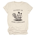 Detail of oatmeal crewneck t-shirt featuring a fluent in fowl language rooster sketch - S / Sand (Black Letters)