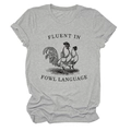 Close-up of grey heather t-shirt with Fluent in Fowl Language vintage rooster print - S / Light Grey (Black Letters)