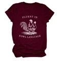 Close-up of rooster graphic and Fluent in Fowl Language text on burgundy cotton t-shirt - S / Wine Red (White Letters)