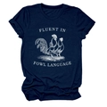 Detail of navy blue cotton t-shirt with Fluent in Fowl Language print and chicken graphic - S / Navy Blue (White Letters)