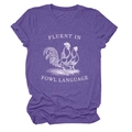 Close-up of the vintage rooster print and white text on this purple cotton t-shirt - S / Purple (White Letters)