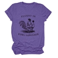 Close-up of purple heather t-shirt featuring rooster graphic and funny fowl language print - S / Purple (Black Letters)
