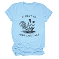 Close-up of light blue cotton T-shirt featuring Fluent in Fowl Language rooster print - S / Light Blue (Black Letters)