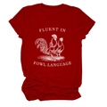 Close-up of rooster graphic and Fluent In Fowl Language text on maroon cotton t-shirt - S / Red (White Letters)