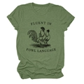 Close-up of rooster sketch and 'Fluent in fowl language' text on heather green t-shirt - S / Olive Green (Black Letters)