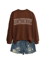 Detail of dark brown oversized sweatshirt with Homebody print and ripped denim shorts - Coffee (White Font)