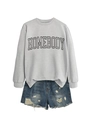 Detail of HOMEBODY letter print sweatshirt and distressed denim shorts with raw hem - Grey (Black Font)