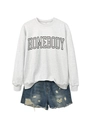 Flat lay of light grey Homebody sweatshirt and distressed blue denim shorts set - Off-White (Black Font)